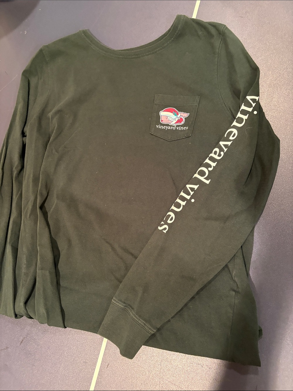 Vineyard Vines Dark Green Long Sleeve Pocket Tee “ Merry Christmas”